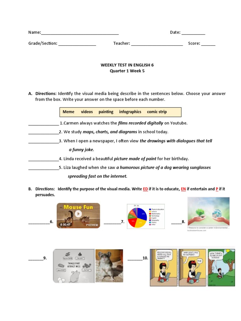 Weekly English Test for Grade 6 | PDF | Infographics | Mass Media