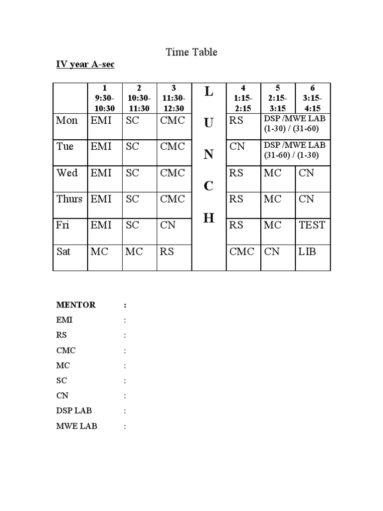L U N C H: Time Table | PDF