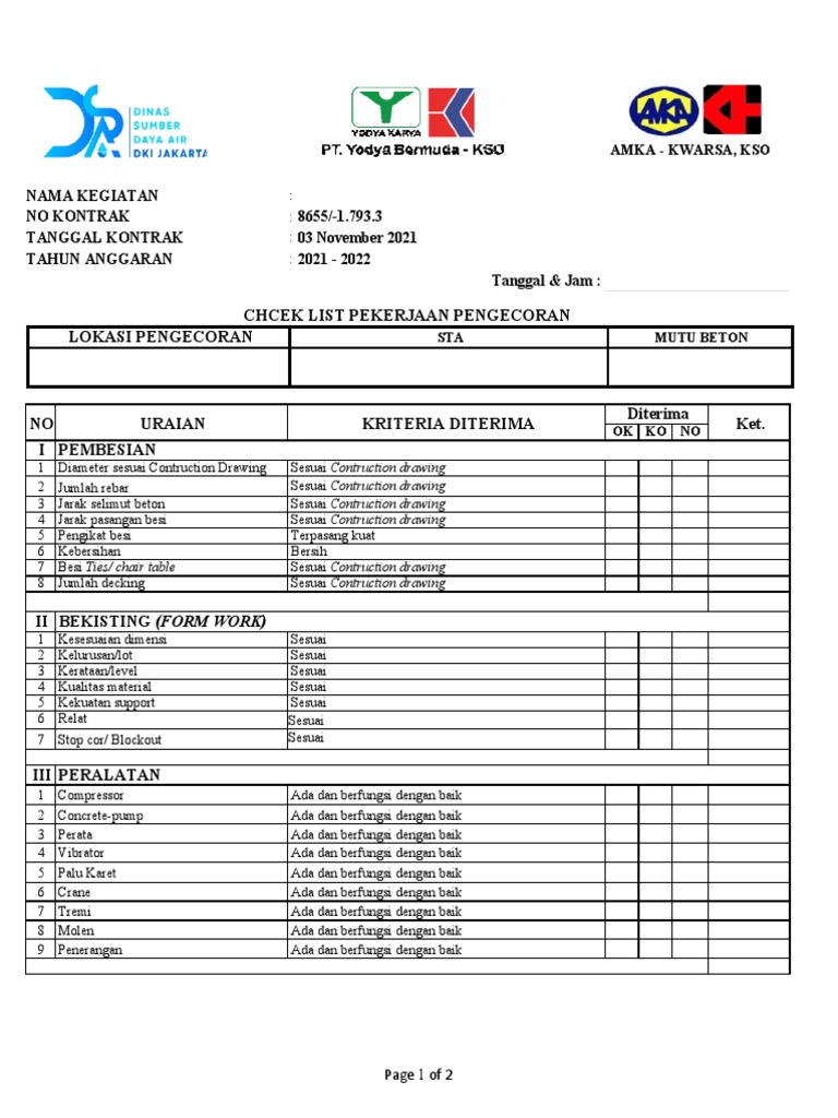 Checklist Pengecoran Beton 2021 | PDF