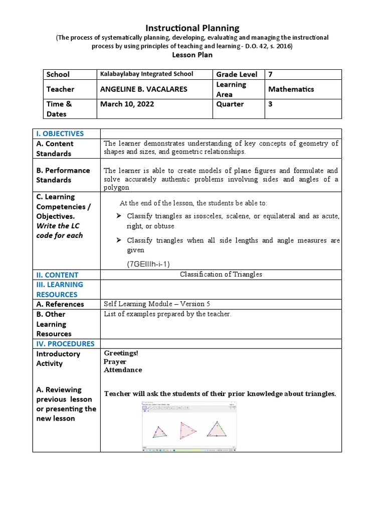 Grade 7 Geometry Lesson Plan: Triangles | PDF | Triangle | Learning