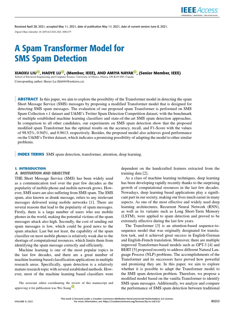 A Spam Transformer Model For SMS Spam Detection | PDF | Machine ...