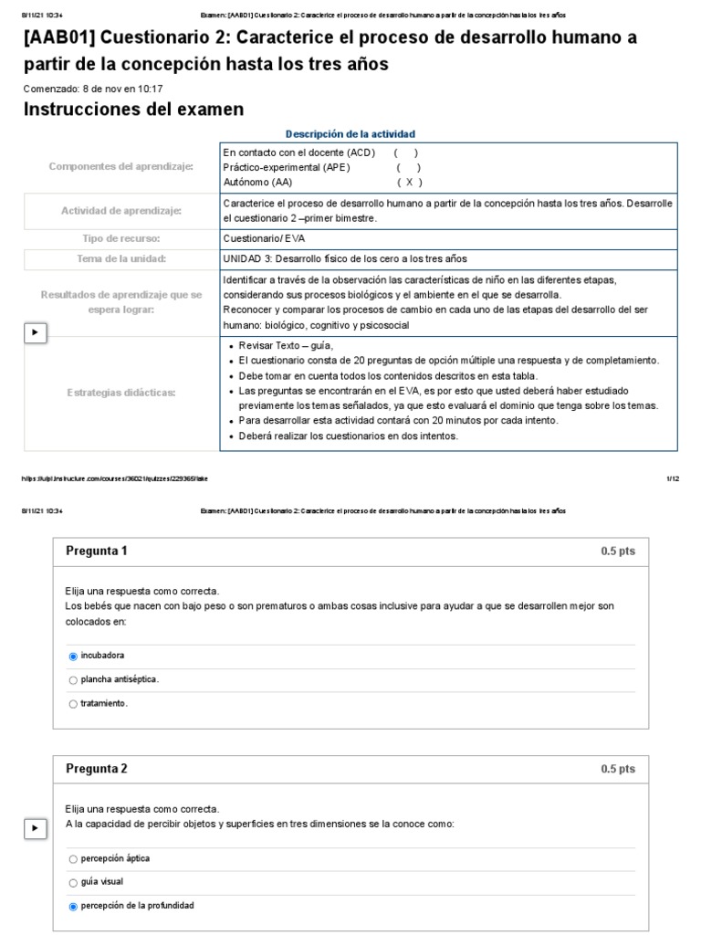 Examen sobre Desarrollo Humano Infantil | PDF | Prueba (evaluación ...