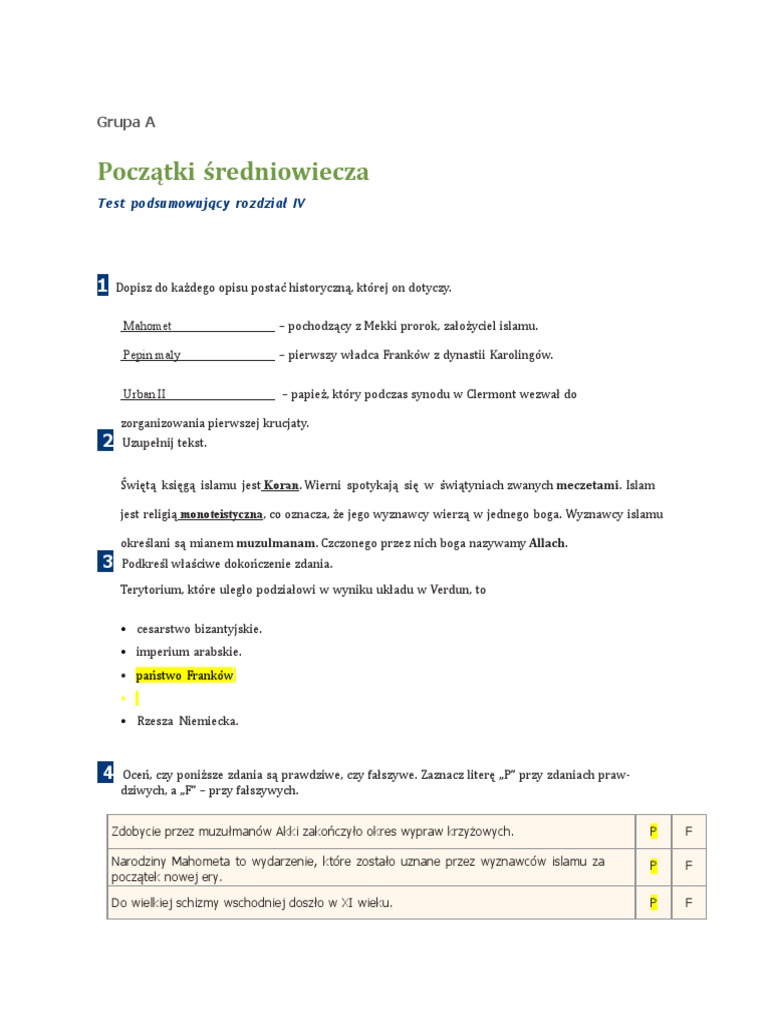 Sprawdzian Z Historii Klasa 5 Początki średniowiecza 4 Poczatki Sredniowiecza Test GR A | PDF