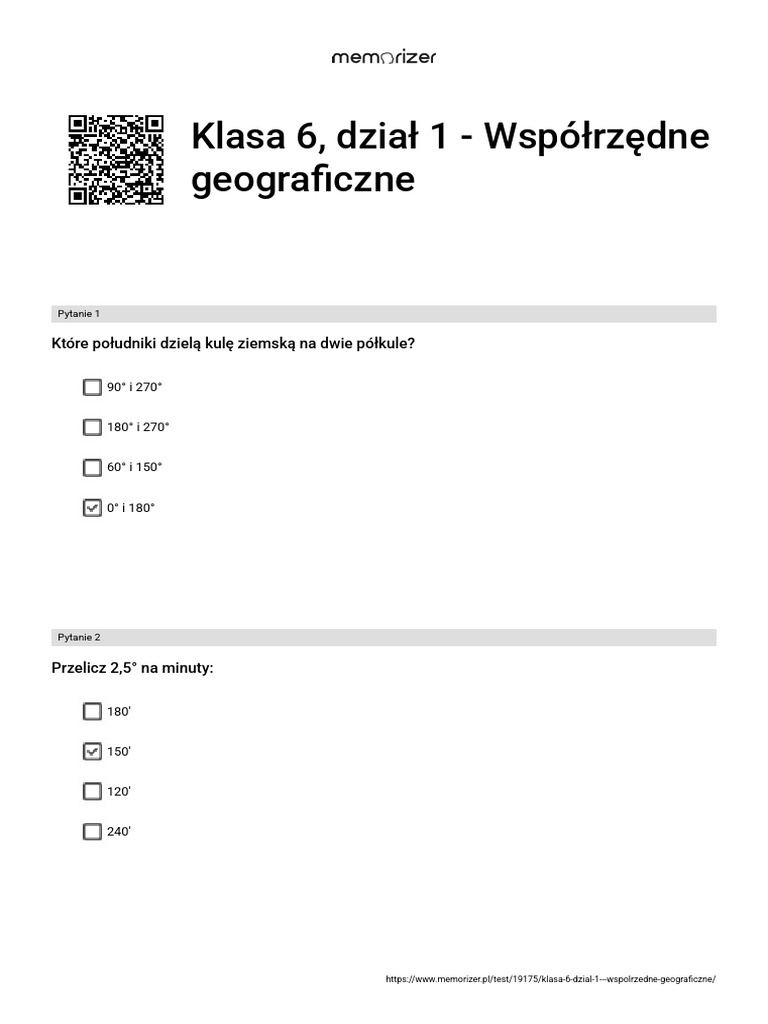 Współrzędne Geograficzne Test Klasa 6 Klasa 6, dział 1 - Współrzędne geograficzne - WYPEŁNIONY | PDF
