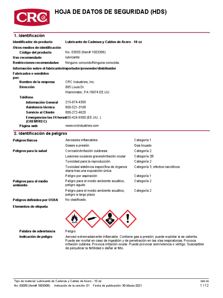 CRC Lubricante de Cadenas PDF Agua Petróleo