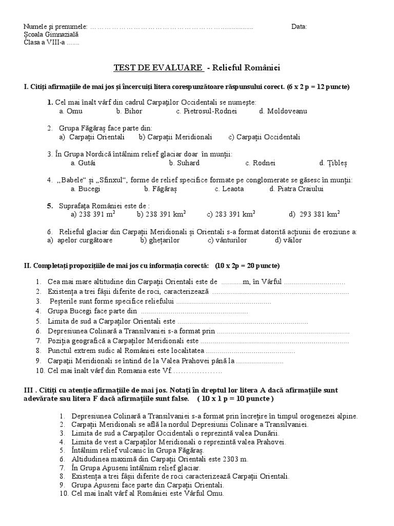 Test Relieful Romaniei | PDF