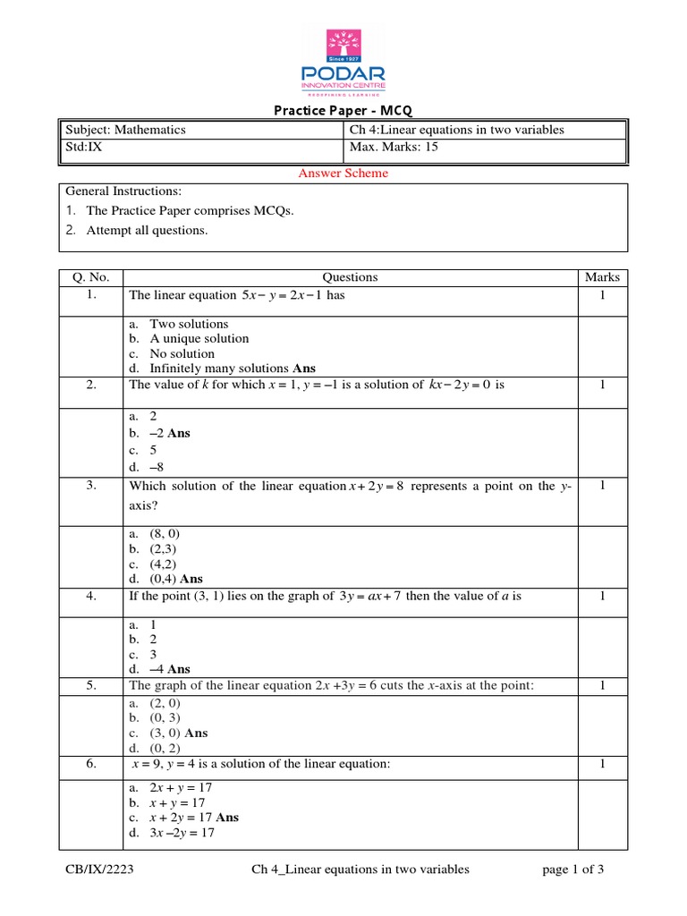Linear Equation MCQ | PDF | Cartesian Coordinate System | Equations