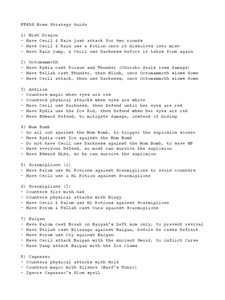 FF4DS Boss Strategy Guide - Odt | PDF