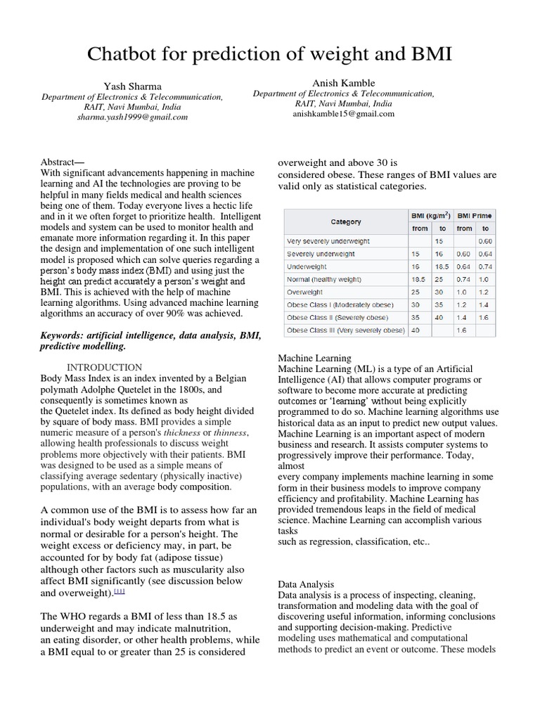 BMI Prediction Chatbot Using ML | PDF | Body Mass Index | Machine Learning