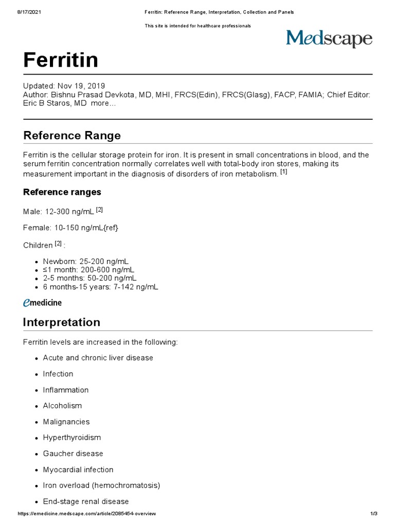 Ferritin Reference Range, Interpretation, Collection and Panels PDF Medicine Biochemistry