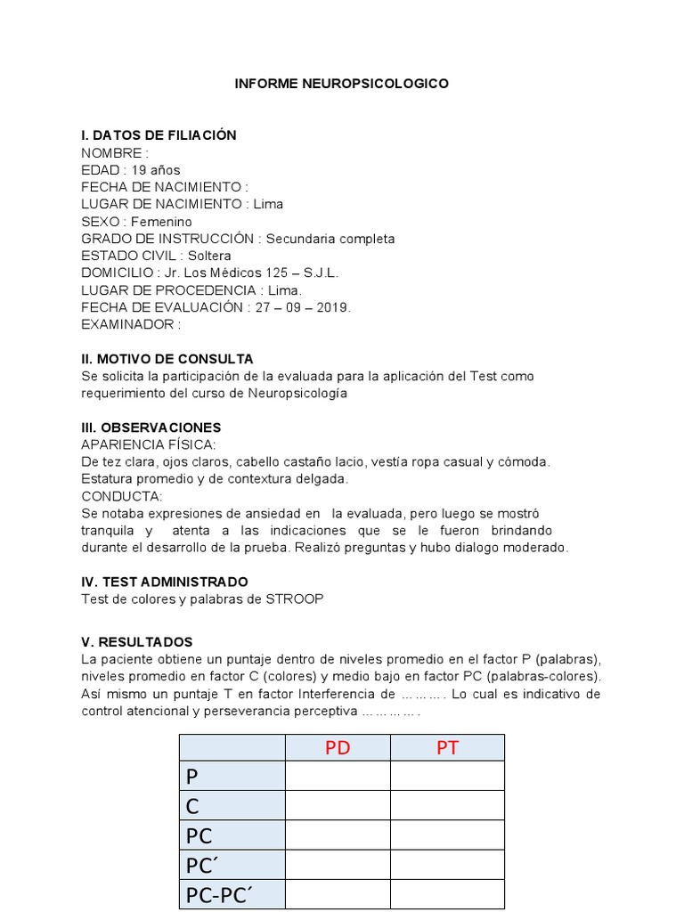 Modelo Test Stroop | PDF | Atención | Desorden hiperactivo y deficit de ...