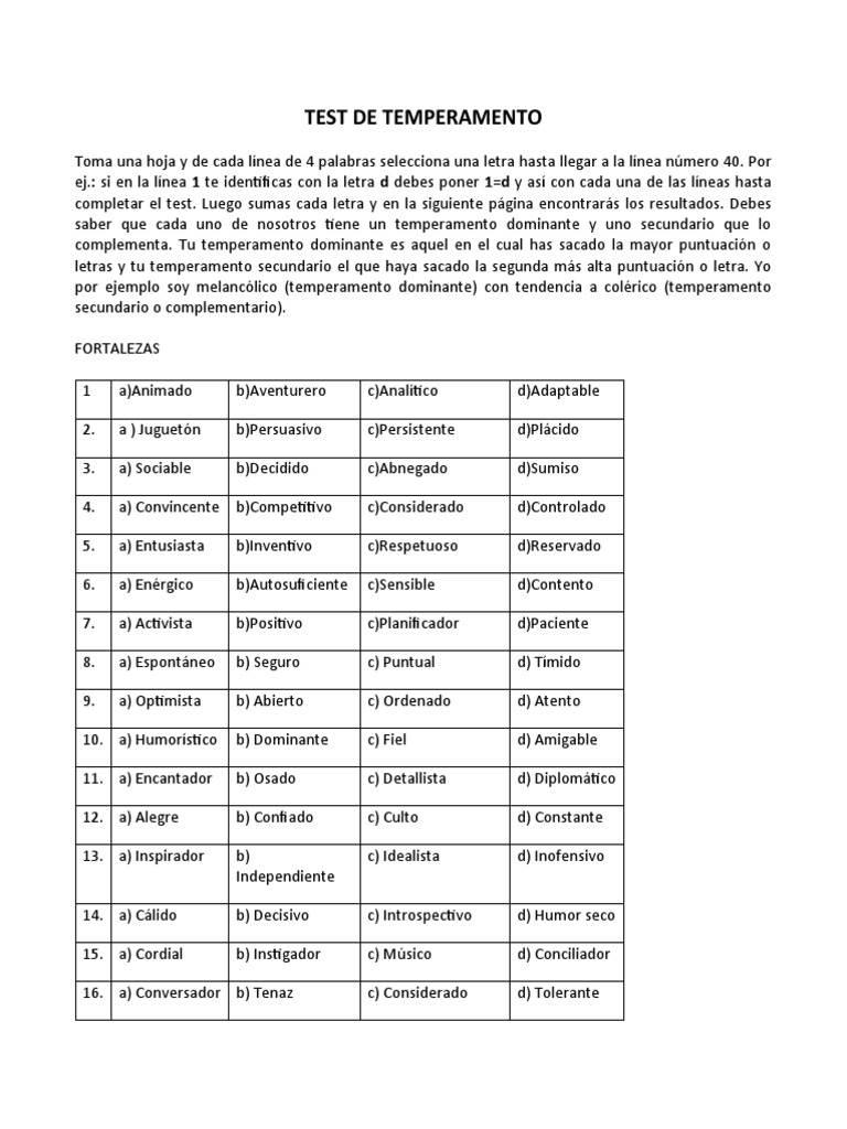 Test De Temperamento Descargar Gratis PDF Temperamento