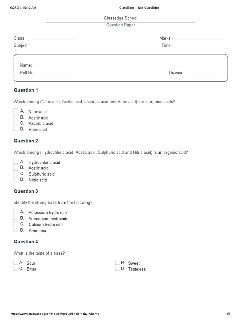 Acids and Bases Practice Test Identifying Properties and Types of Acids and Bases Through