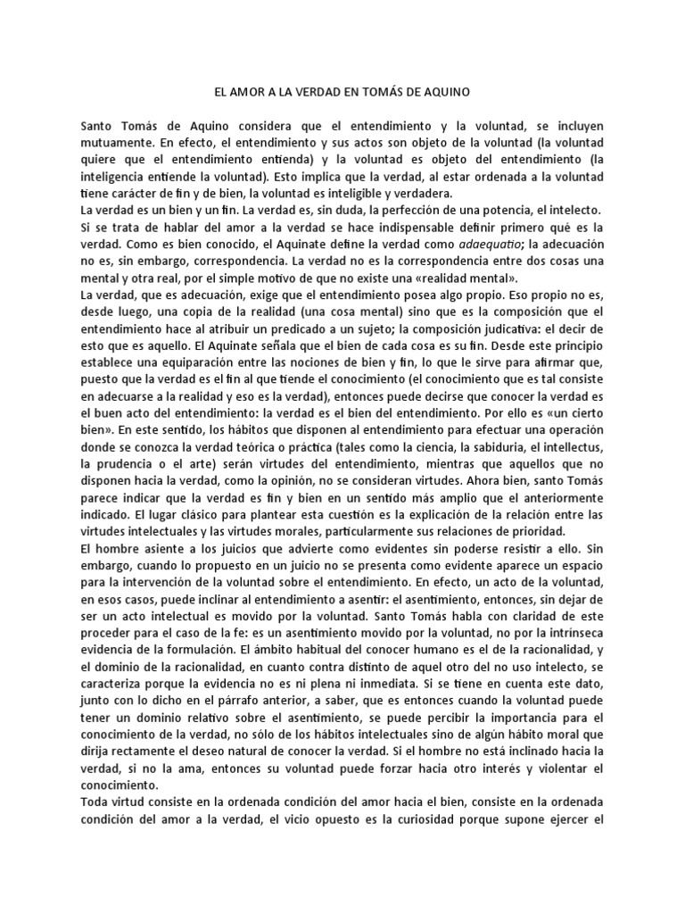 Amor a la Verdad en Santo Tomás | PDF | Verdad | Tomás de Aquino