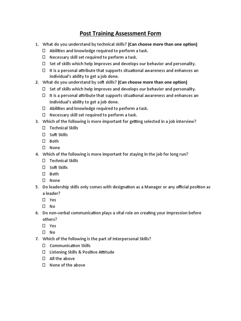 Post Training Assessment Form PDF Skill Communication