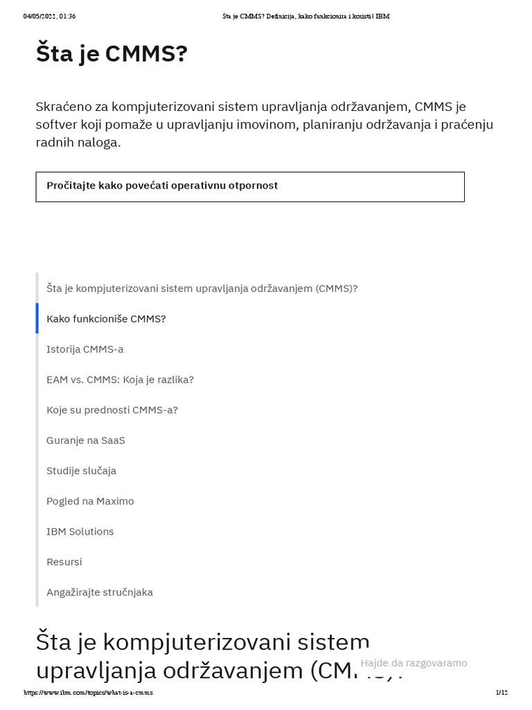 Šta Je CMMS Definicija, Kako Funkcionira I Koristi IBM PDF