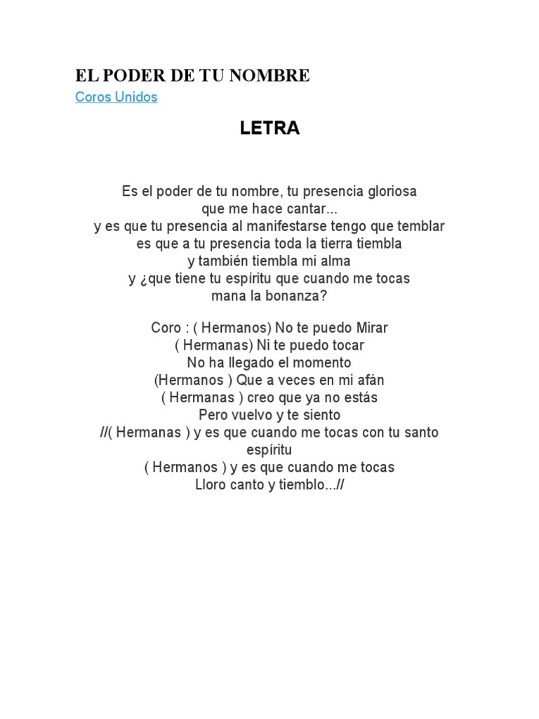 El Poder de Tu Nombre: Letra y Coros | PDF