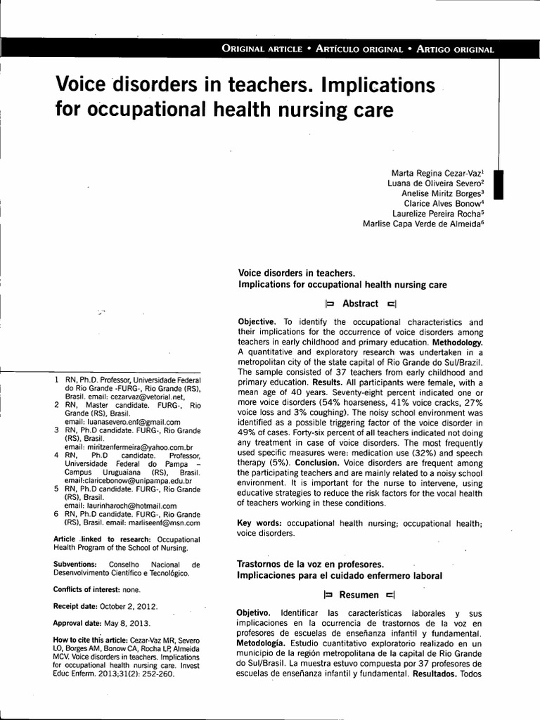 Voice Disorders in Teachers. Implications For Occupational Health