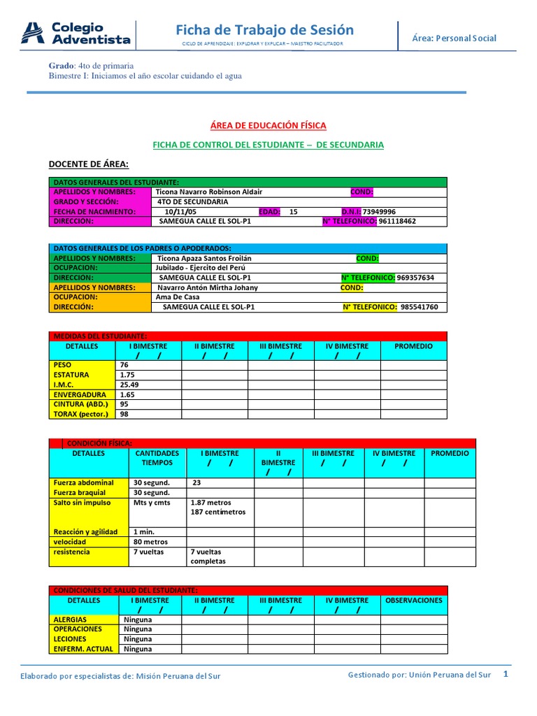 4to Sec Ticona Navarro (Ficha Antopométrica) | PDF