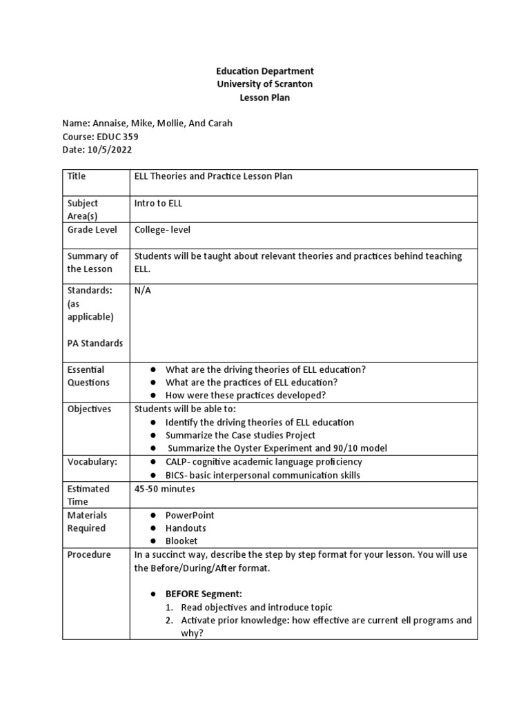 Ell Theories and Practices Lesson Plan 1 | PDF