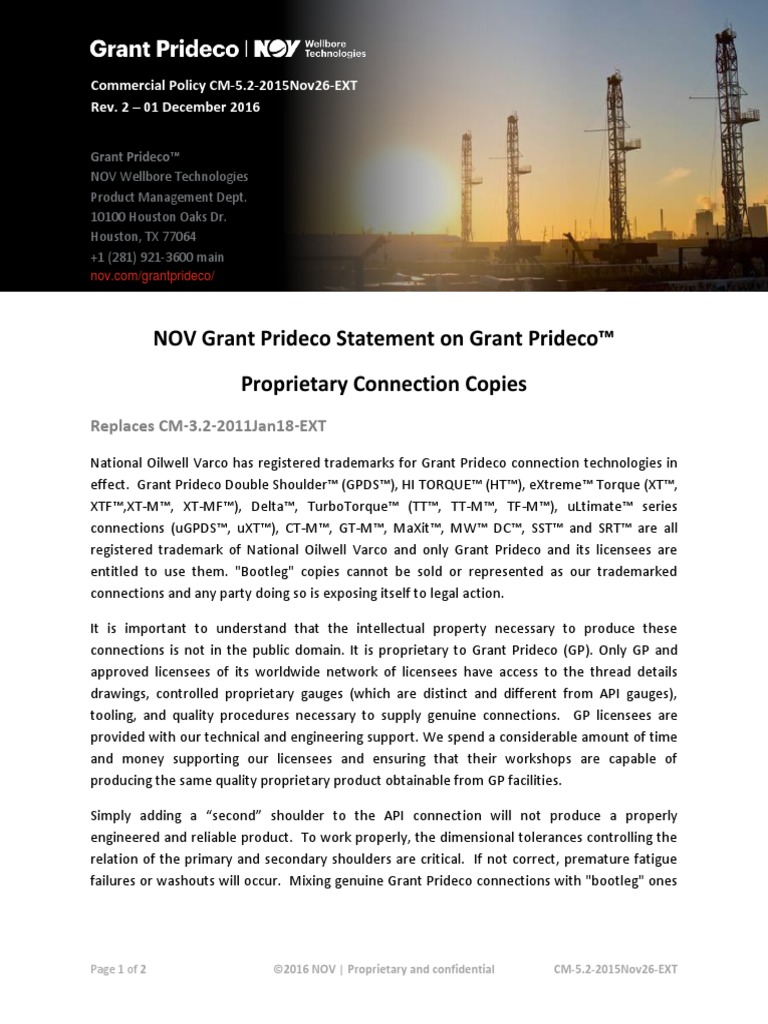 Statement On Grant Prideco Proprietary Connection Copies (CM5.2