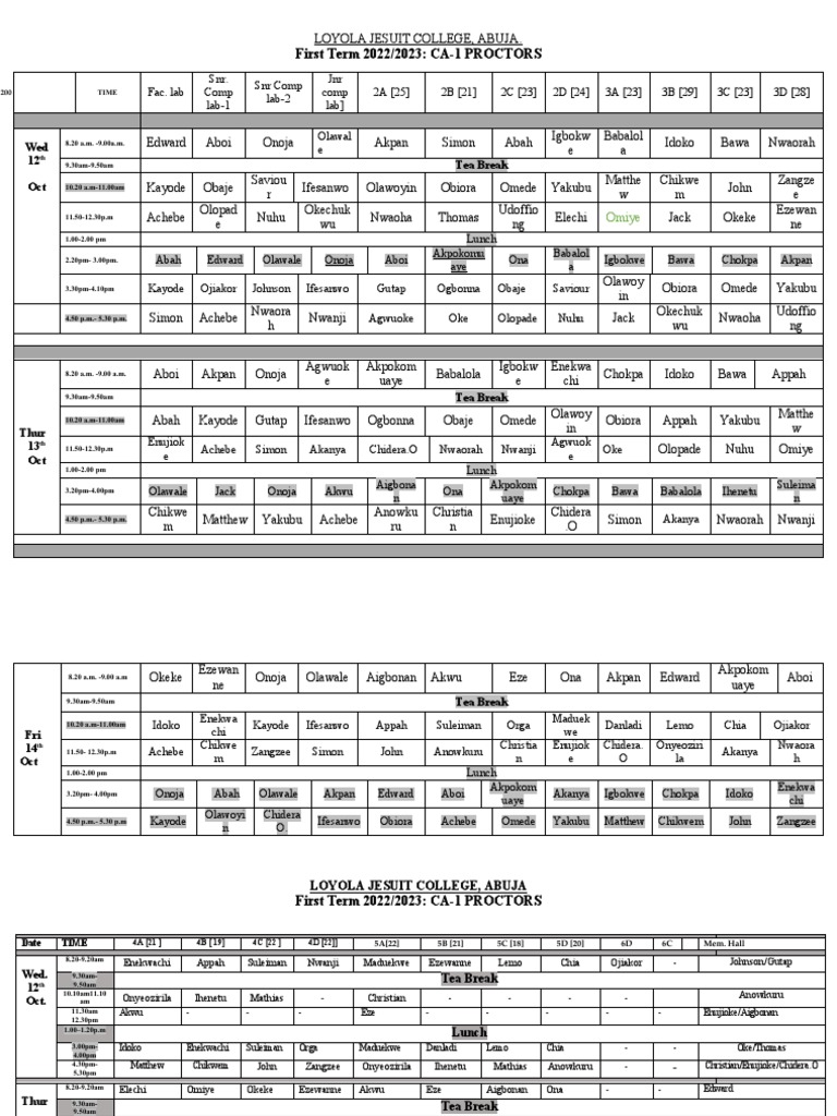 Loyola Jesuit College Ca1 Proctors' Schedule PDF