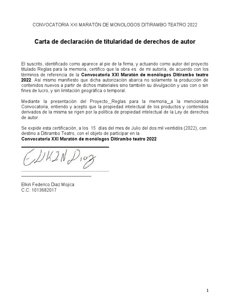 Carta de Derechos de Autor para Ditirambo | PDF