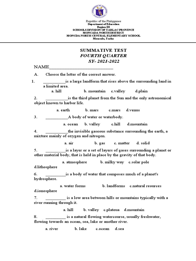 4THQUARTERSUMMATIVETESTSCIENCE2SSES PDF Earth Atmosphere