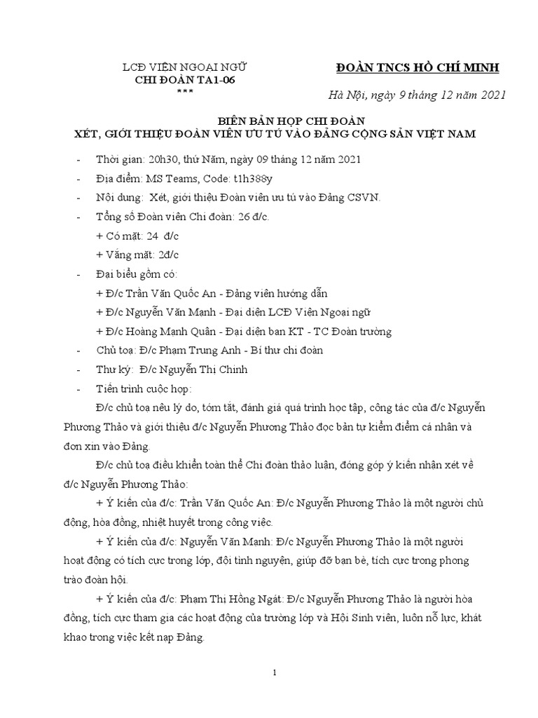 5.4 Mẫu biên bản họp chi đoàn | PDF