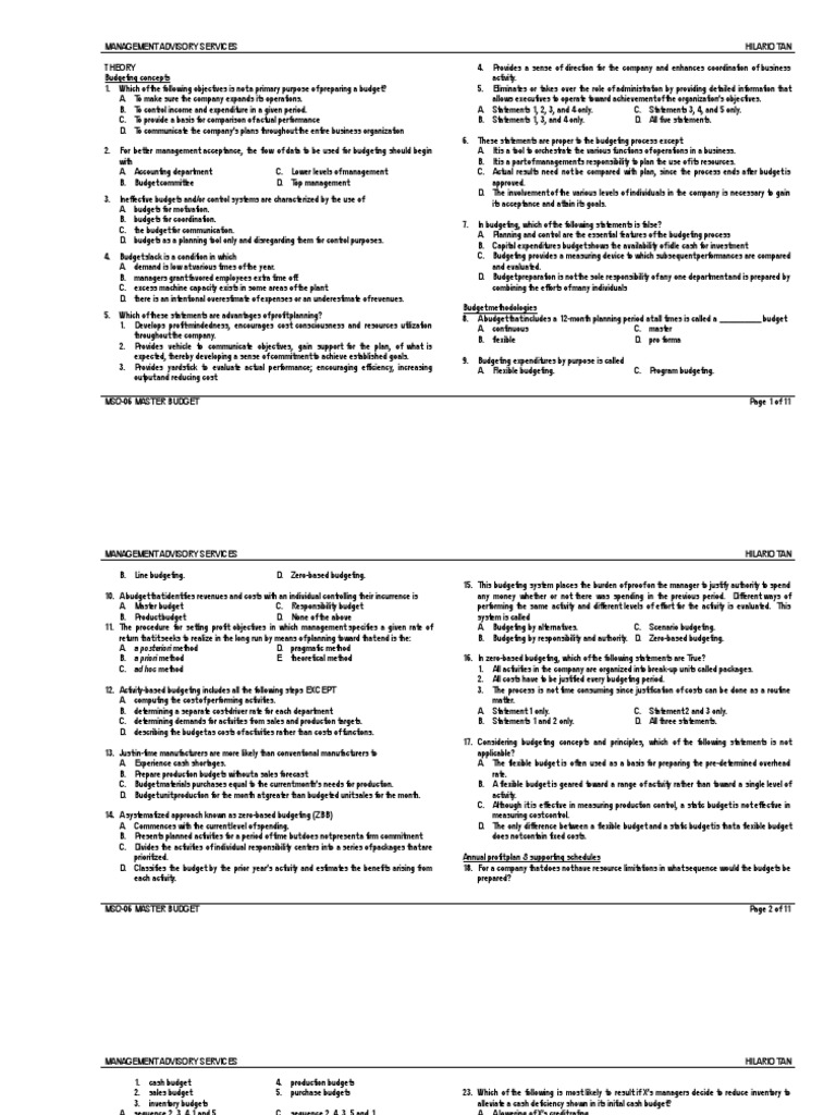 Master Budgeting Concepts and Practices | PDF | Budget | Inventory