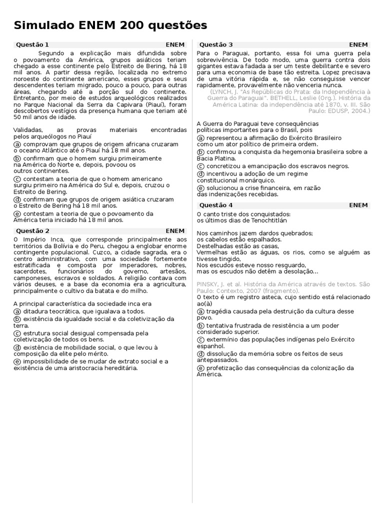 Simulado ENEM: 200 Questões de História | PDF | Brasil | Cana de açúcar