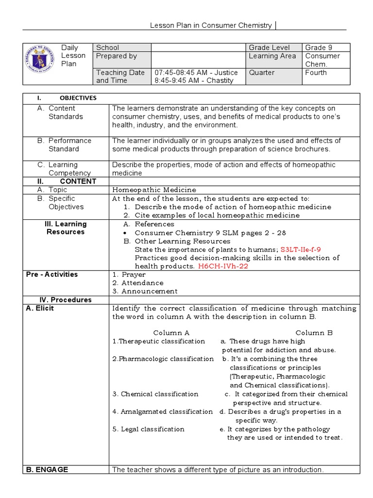 Grade 9 Consumer Chemistry Lesson Plan | PDF | Homeopathy | Pharmacology