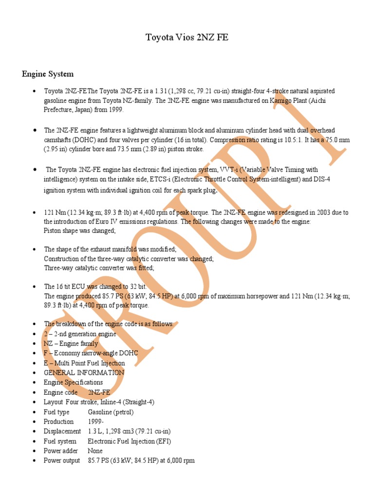 Toyota 2NZ-FE Engine Specifications | PDF
