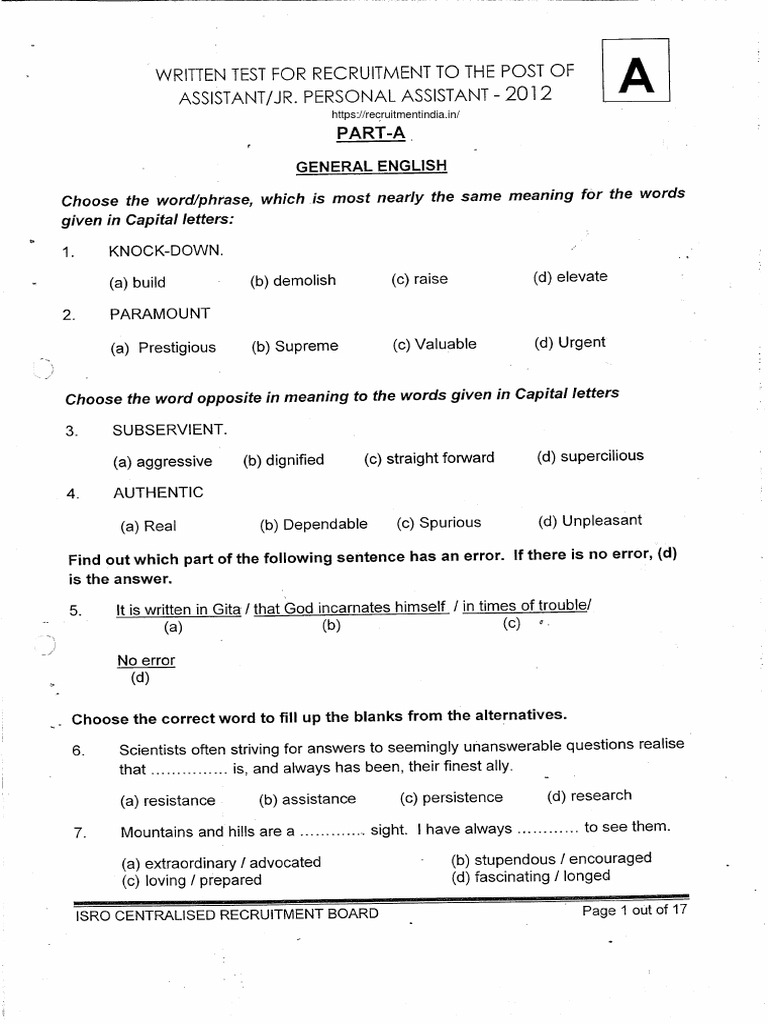 ISRO URSC Technical Assistant Previous Year Question Paper PDF