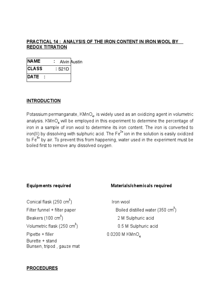 Practical 14 Iron Wool by Redox Titration PDF Titration Chemistry