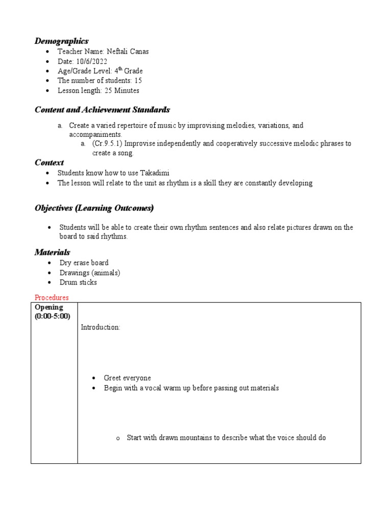 Lesson Plan Template For General Music 2 PDF Rhythm Cognition