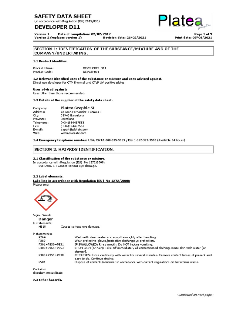 MSDS Developer D11 (Inglés) PDF European Commission Personal Protective Equipment