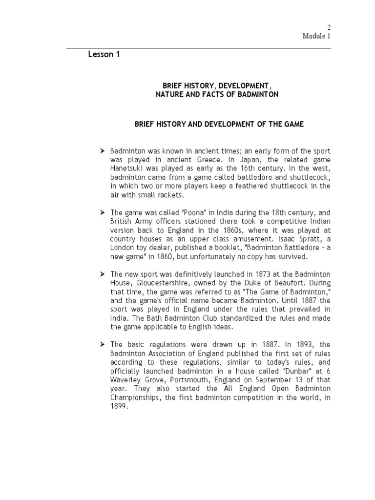 Pe 102 Badminton Lesson 1 PDF Sports Recreation