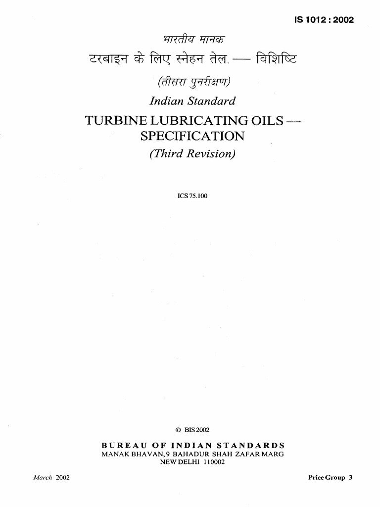 Turbine Lubricating Oils Specification Indian Standard PDF Motor