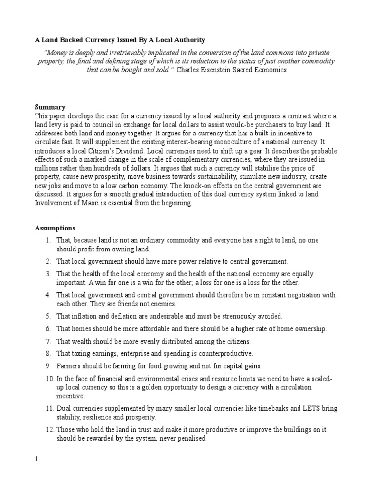 A Land Backed Currency Issued by A Local Authority1 PDF Deflation