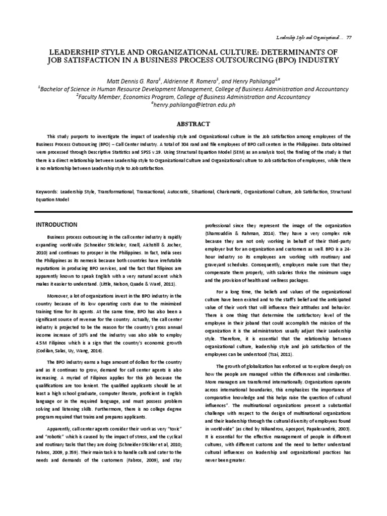 Leadership Style And Organizational Culture Determinants Of Job
