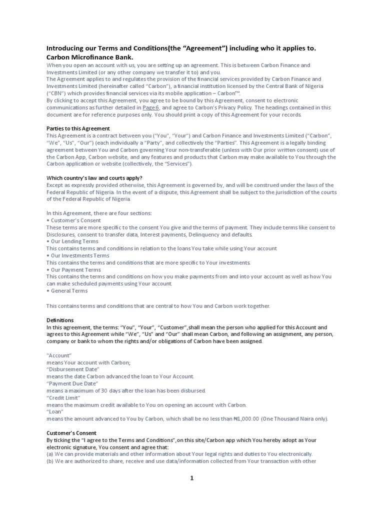 Carbon Microfinance Bank Agreement Terms | PDF | Indemnity | Credit Card