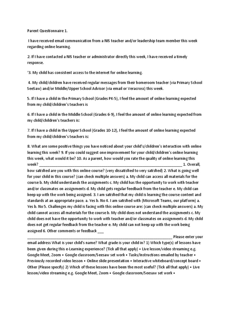 Parent Questionnaire 1 | PDF | Educational Technology | Teachers