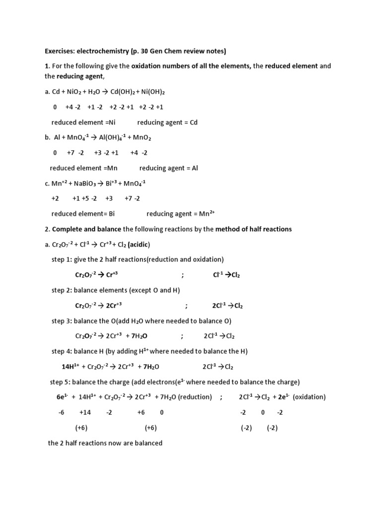 Exercises For Electrochemistry Review PDF Anode Redox