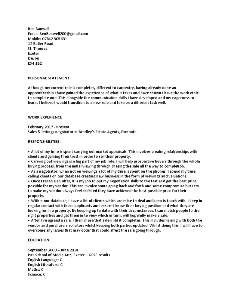 Ben Banwell CV PDF Real Estate Appraisal Business