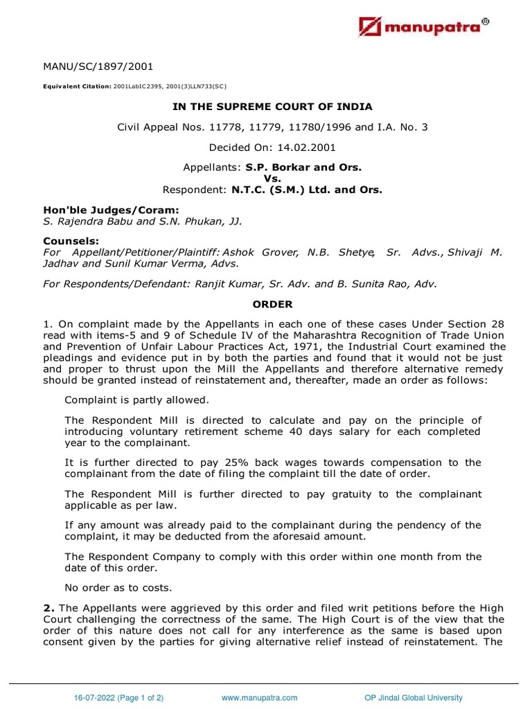 SP Borkar and Ors Vs NTC SM LTD and Ors 14022001  SC20012407191104038COM880419 | PDF | Complaint | Appeal