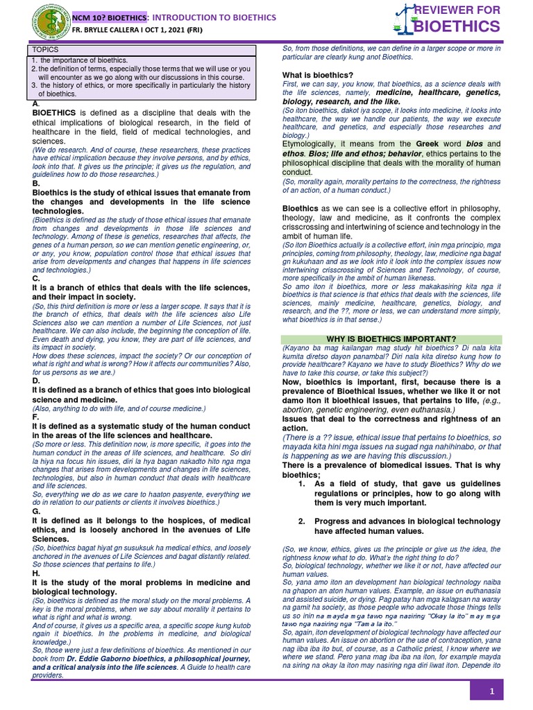 Introduction to Bioethics Overview | PDF | Bioethics | Science
