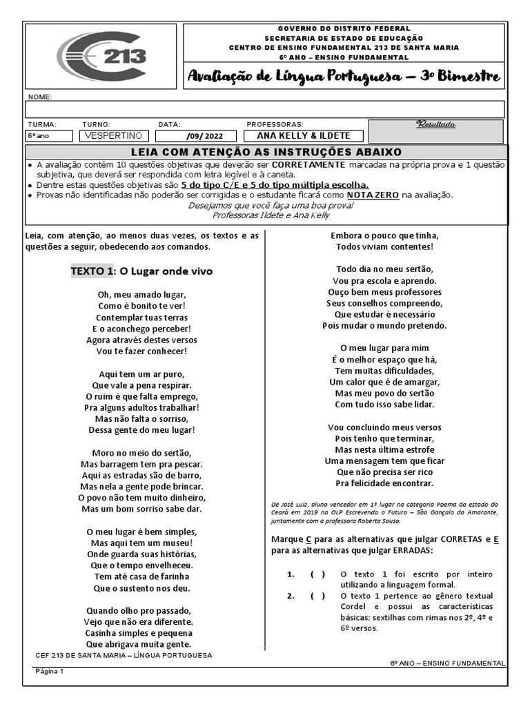 Avaliação de Língua Portuguesa 6º Ano | PDF | Artes Linguísticas e ...