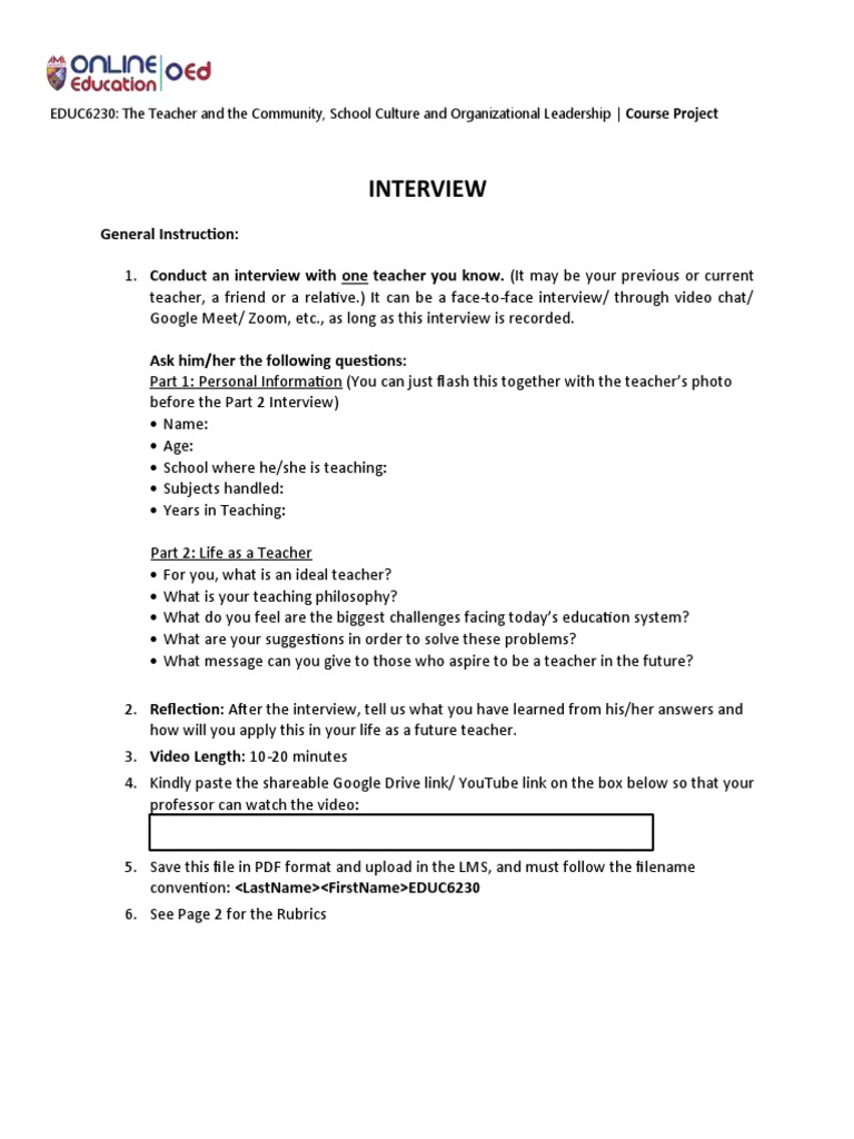 Teacher Interview Project Guidelines | PDF | Cognition | Communication