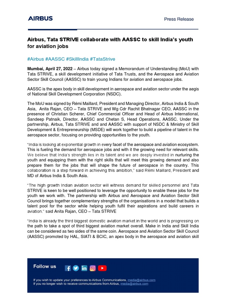 Airbus and Tata STRIVE Skill Youth for Aviation | PDF | Aerospace ...